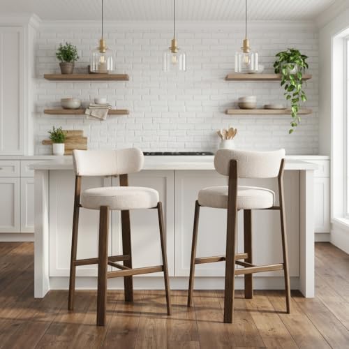 Butacos modernos tapizados, set de 2 unidades, asiento acolchado grueso y reposapiés, patas metálicas con acabado nuez, color beige miniatura 1