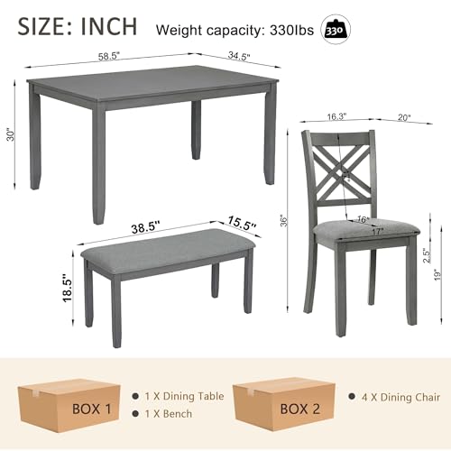 Image of LUMISOL 6-Piece Solid Wood Dining Table Set, Wood Kitchen Table with 4 Chairs and Bench, Farmhouse Dining Table with Bench and Chairs Set for Kitchen, Living Room, Grey