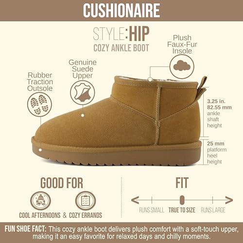 Image of CUSHIONAIRE Hip-3 Genuine Suede Leather Ankle Boots for Women - Pull On Cozy Faux Fur Boots Womens Shoes with Comfortable Memory Foam