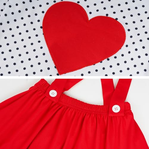 Image of Girls Valentine's Day Dress Outfit, Long Sleeve Dot Heart Shirt Top and Red Suspender Strap Skirts Set (Red, M)