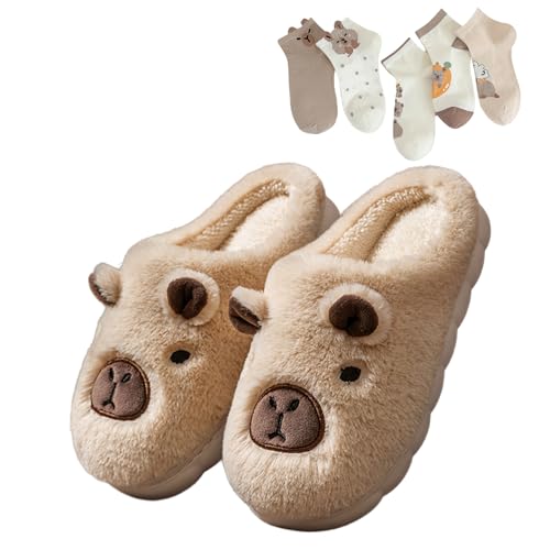 Capybara Slippers Women With 5 Pcs Socks Fuzzy Cartoon Slide Sandals Cute Indoor Outdoor Cozy House Shoes