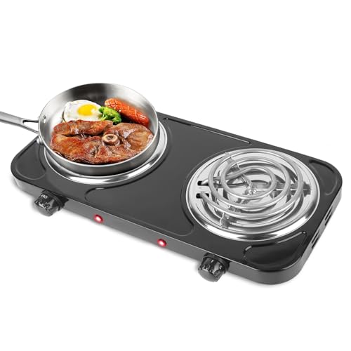2000W Double Burner, Electric Hot Plate for Cooking Portable Cooking Stove, Countertop Burner Cooktop for Kitchen, Dorm, Temperature Control, Easy to Clean, Black