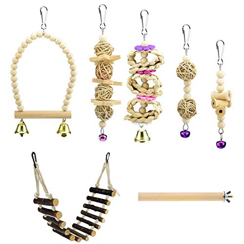 strimusimak 7Pcs Parrot Wood Ladder Hanging Bell Rattan Ball Beads Parrots Swing Chew Toys for Pet Bird Supplies 7pcs