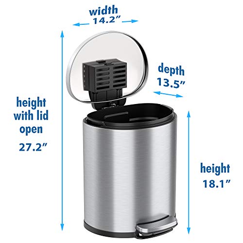 Image of iTouchless SoftStep 5.3 Gallon Bathroom Trash Can with Odor Filter & Removable Inner Bucket, Stainless Steel, 20 Liter Space-Saving Semi-Round Step Pedal Garbage Bin for Bedroom, Home Office Cubicle