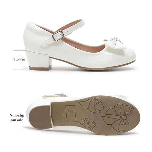 LseLom Girls White Dress Shoes Mary Jane Shoes for Girls Low Heel Hook and Loop Bowknot Flats for School Wedding Party4