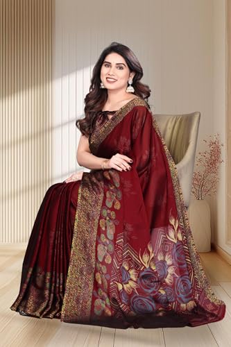 Image of SUPERLAXMI Women's Chiffon Floral Printed Saree with Blouse Piece