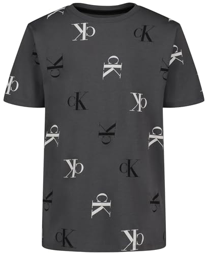 Calvin Klein Boys' Short Sleeve Fashion Print Crew Neck T-Shirt, Comfortable, Relaxed Fit, Angled CK AOP Iron Gate, 18-20