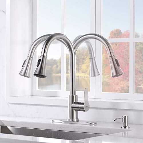 Amazing Force Pull Down Kitchen Faucet With Soap Dispenser Brushed Nickel Kitchen Sink Faucet With Spray Single Handle Kitchen Faucet Utility Sink 1.8 Gpm #TOP4