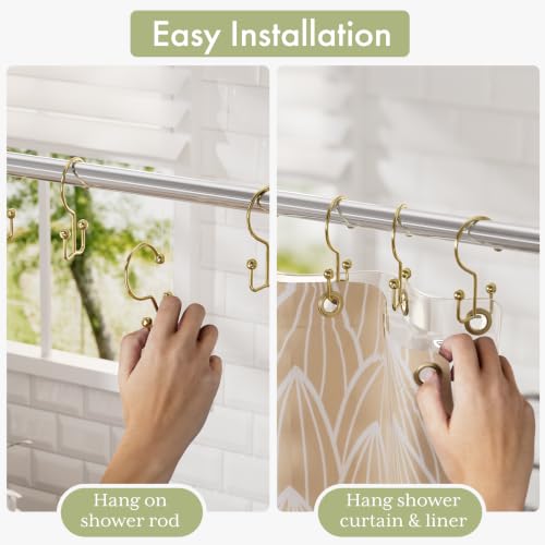 Image of Amazer Shower Curtain Hooks Gold Shower Curtain Rings, Double Shower Curtain Hooks Rust Proof Stainless Steel Shower Curain Hangers 12Pcs, Shower Hooks for Bathroom Shower Curtain Rod