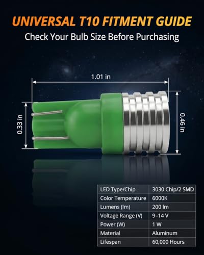 Image of WLJH 194 Led Bulb PC195 PC194 PC168 Car Dashboard Instrument Panel Bulbs 168 2825 T10 Led Twist Socket Locks Dash Lights Gauge Cluster Led Super Bright (Green,Pack of 6) | 3030 SMD, 200lm, PC194 PC168 PC195, Dimmable, Plug and Play, Map, Dome, Trunk, Door, Instrument Light, 6-Pack