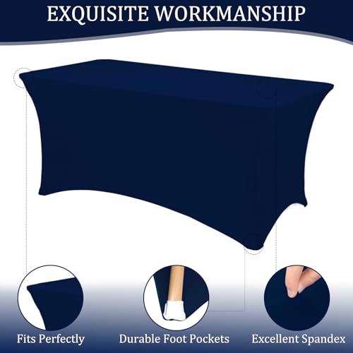 Image of 2 Pack 6FT Spandex Table Covers Washable Wrinkle Resistant Fitted Rectangle Tablecloth for Folding Table Wedding Party Birthday Banquet Bar Events(Navy Blue)