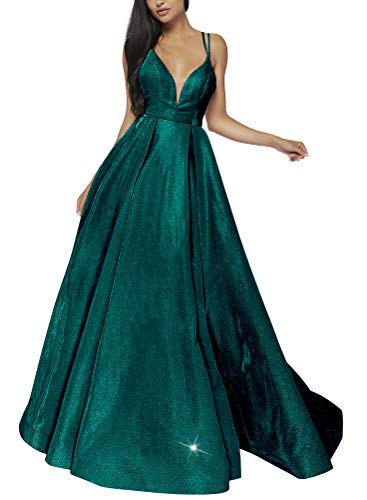 Image of VKBRIDALWomen's Glittery Spaghetti V-Neck Prom Dresses Long Side Split Formal Evening Gowns 6 Green