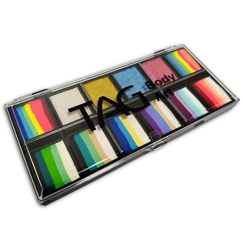 TAG Face Paint and Body Paint Professional Rainbow Fairy Garden Palette - 8 split cakes 4 pearl cakes (10g Each) - 1 Stroke Raibow and Vibrant SFX Makeup for Halloween Cosplay Festivals & Events.
