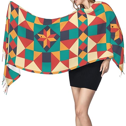 Colorful Barn Quilt Pattern Women Scarf Fall Winter Tassel Scarf Warm Large Wrap Shawl Scarf 27x77 Inch3