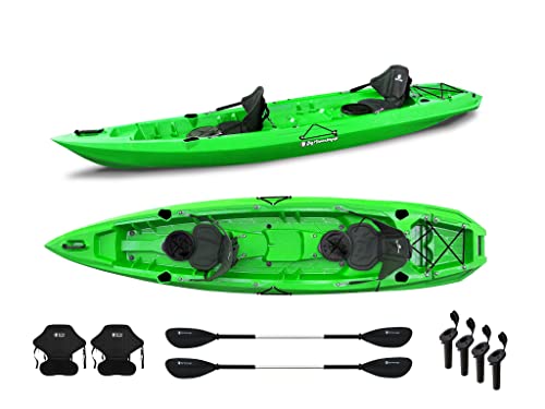 PORTATA 250 KG Kayak Biposto Mojito Big Mama - 2 + 1 posti, lunghezza 380 cm, ruote integrate (Verde, 2 Pagaie, 2 Seggiolini e 4 portacanne fishing)