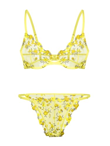 Image of Lilosy Sexy Floral Embroidered Mesh Sheer Underwire Lingerie Set