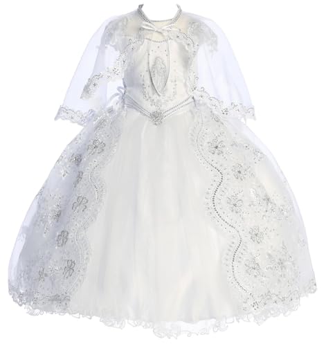 Virgin Mary Embroidery Cap Sleeve Tulle Sequin Wedding Baby Infant Girl Baptism Christening Dress (TR42K9) White 3