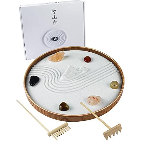 Japanese Zen Garden for Desk - Static Mountain 10" x 10" Desktop Mini Zen Garden with White Sand Artificial Tree Rocks Rakes & Accessories - Meditation Zen Gifts Sand Garden Kit for Office Zen Decor Cover