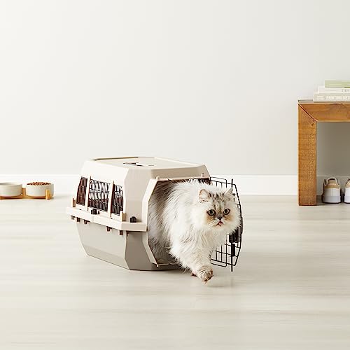 Image of Amazon Basics Hard-Sided Dog and Cat Kennel, Single-Door Travel Pet Carrier with Metal Wire Ventilation, 23.6 inchL x 15.7 inchW x 13 inchH, Beige