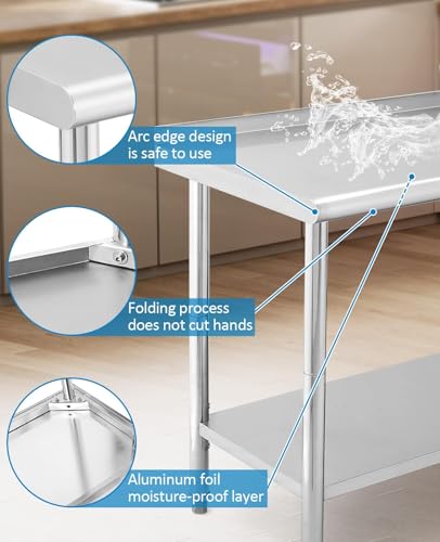 NSF 48" x 24" Stainless Steel Table, Work Table with Adjustable Undershelf, Detachable Trash Bag Holder, Metal Work Table Workbench for Home Kitchen Restaurant Outdoor
