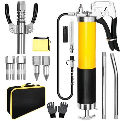 14Pcs Grease Gun Kit 7000 PSI – 14 oz Manual Grease Gun with 18" Flex Hose, Quick Coupler, Precision Tips, Gloves, Towel, Storage Bag, and All Necessary Accessories for Automotive, Marine, Machinery