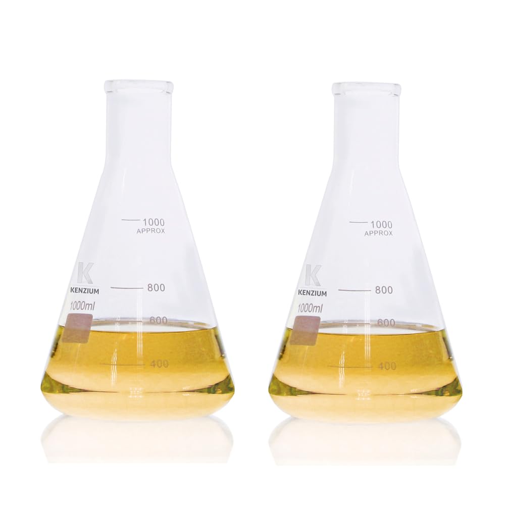 KENZIUM - Pack 2 x Matraces Erlenmeyer | 1000 ml | Vidrio Borosilicato 3.3 | con Graduación Impresa | Boca Estrecha | Ideal Laboratorio y Educación