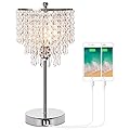 Touch Control Crystal Table Lamp with Dual USB Charging Ports, 3-Way Dimmable Bedside Touch Lamp Decorative Nightstand Lamp with Elegant Lamp Shade for Living Room Bedroom, B11 6W LED Bulb Included