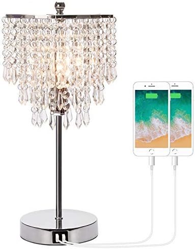Touch Control Crystal Table Lamp with Dual USB Charging Ports, 3-Way Dimmable Bedside Touch Lamp Decorative Nightstand Lamp with Elegant Lamp Shade for Living Room Bedroom, B11 6W LED Bulb Included