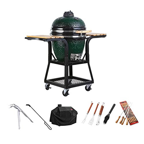 XHTONGSH Ceramic Clay Grill with Stainless Steel Cart, Heavy Duty Ceramic Barbecue Smoker and Roaster for Outdoor Cooking Barbecue Camping BBQ Coal Grill,Charcoal Fire Stove (Color : Green)