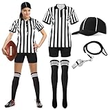 SATINIOR 6 Pcs Women Referee Costume Black and White Stripe Ref Shirt Jersey Shorts Referee Hat for Halloween Party Cosplay(Medium)
