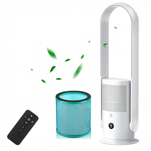 U ULTTY Bladeless Fan with Air Purifier, Quiet Tower Fan with Remote, Touch, 9 Speeds, 8H Timer, HEPA Filter 99.97%, 90° Oscillation Fans, Floor Fans Powerful for Home Office Room, CR022D White