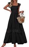 PRETTYGARDEN Women's Smocked Summer Maxi Dresses 2025 Ruffle Cap Sleeve Square Neck Lace Detail Flowy Sundress with Pockets (Black, Medium)