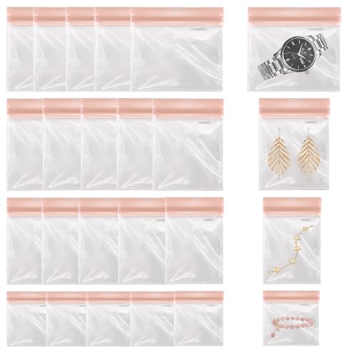20 PCS Clear Jewelry Bags, EVA Anti Tarnish Jewelry Storage Bags,Mini Pouch Small Plastics Travel Jewelry Bags,Resealable Pink Ziplock Pouches for Women Ring Earring Necklace Bracelet (4 Mix Sizes)