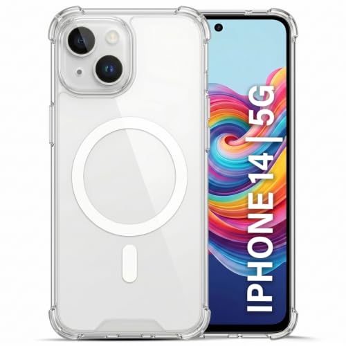 Image of TRUEUPGRADE Back Cover for iPhone 14 5G| Mag-Safe Printed Transparent Case | Hard PC Back + Soft TPU Bumper | Magnetic Print Shockproof Protective Cover | Crystal Clear