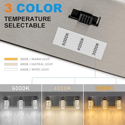 Image of SineRise Bathroom Vanity Light with 3 Color Modes (3000K /4000K /6000K), Eye Protection LED Bathroom Light Fixture, Dimmable Modern Wall Light Over Mirror with Clear Glass Shade (Nickel, 3-Light)