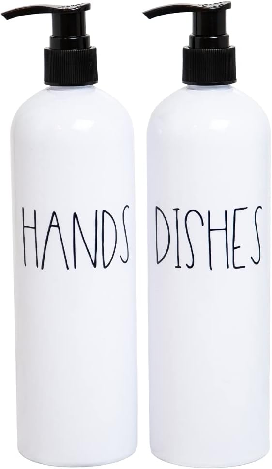 Plastic Hand and Dish Soap Dispenser Set for Kitchen, White Plastic Bottles, Farmhouse Kitchen Soap Dispenser, Heartland Lettering