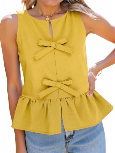 Tankaneo Womens Summer Peplum Tank Top Bow Tie Front Sleeveless Babydoll Cotton Blouses Crew Neck Casual Shirts Yellow