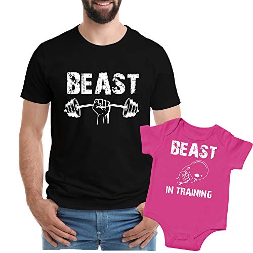 Texas Tees Beast in Training, Beast, Dad Daughter Matching Shirt,Beast & Beast in Training - Black & Pink,Mens (Large) & 0-3 Month