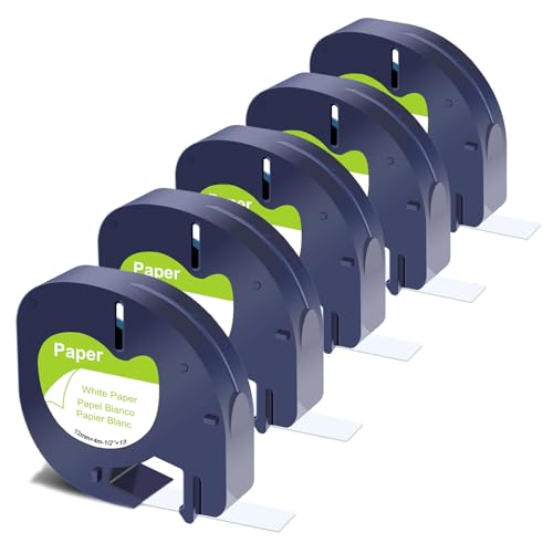 Compatible con Dymo LetraTag Cinta de papel Label Tape 91220 91200, compatible con LetraTag Cartucho de papel blanco cinta de 12 mm x 4 m para LT-100H LT-100T XM XR 200B, negro sobre blanco, 5