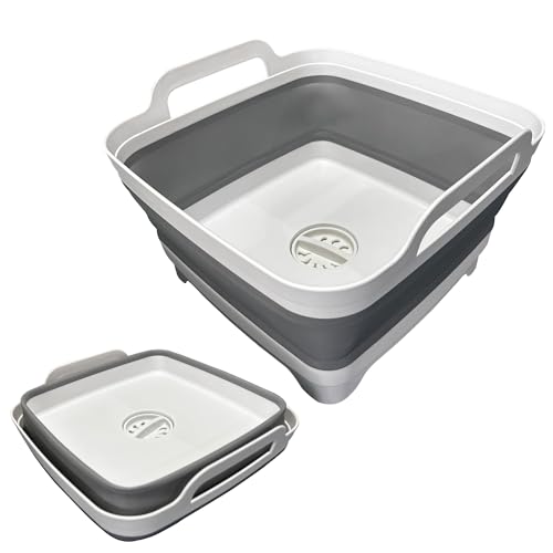 Image of GIMWA Collapsible Wash Basin, Space-Saving for Small Kitchen,Camping, RVs, Lightweight Collapsible Dish Pan 2.4 Gallons Foldable Handy Dish Tub with Drain and Handle