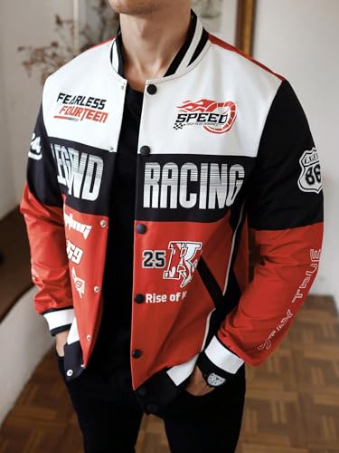 SOLY HUX Mens Racing Jacket Button Down Graphic Varsity Jackets Car Racing Jacket Men Motorcycle Outerwear Streetwear Red Multi Large