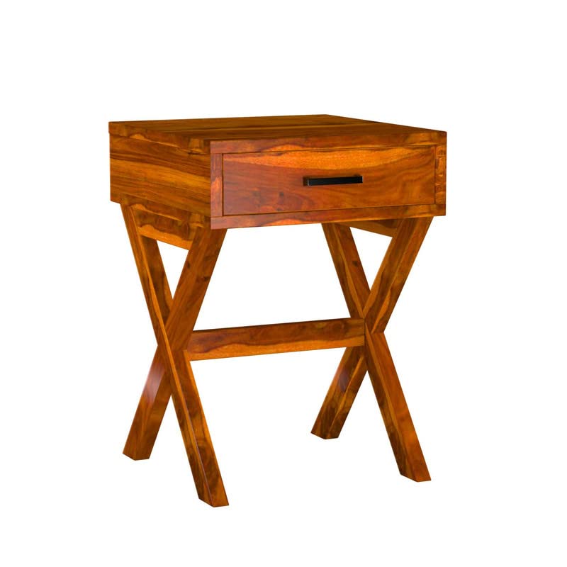 Image of Solid Wood Sheesham Sofa Side Table with 1 Drawer - Honey Finish