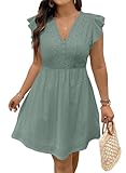 Eytino Plus Size Dresses for Women Summer Ruffle Cap Sleeve Lace V Neck Embroidery Eyelet A Line Dress,2X Green