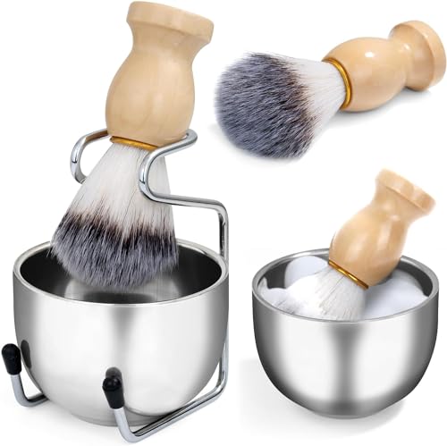 Azonee Shaving Brush and Bowl Set Mens 3-in-1 Shaving Brush Kit Wood Handle with Stainless Steel Shaving Bowl Brush Stand Perfect Shaving Gift Kit for Father Husband Boyfriend Birthday