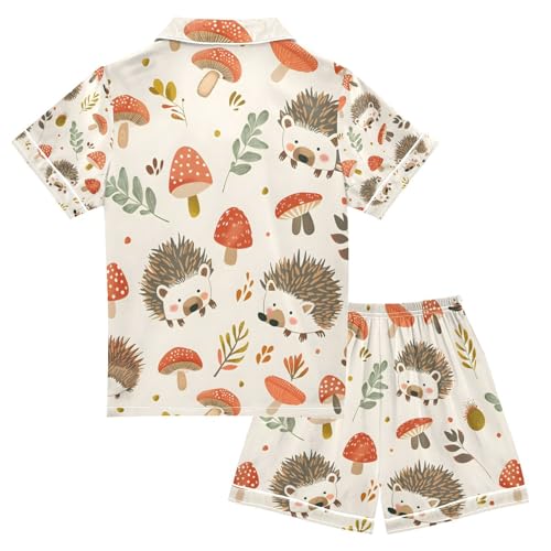 senya Hedgehog Mushrooms Satin Summer Pajama Sets Silk Short Sleeve Button Down Sleepwear2