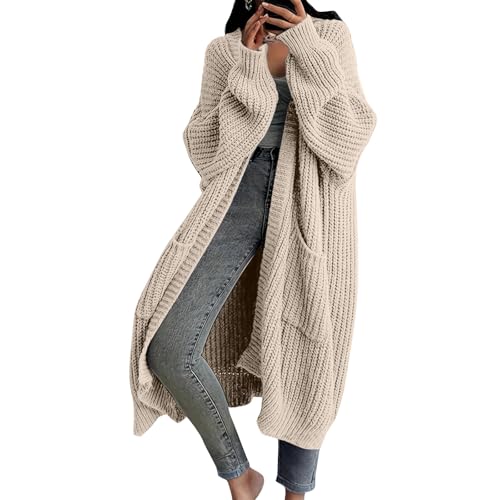 Strickjacke Damen Lang Kaschmir Mantel Elegant Langarm Cardigan Beige Xl
