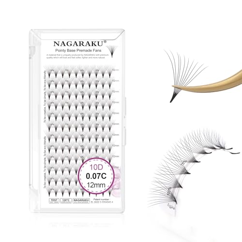 NAGARAKU 10D Volumen Ruso Pestañas 120 Fans Prefabricados Ventiladores Pelo a Pelo Racimo Afilados Tallo Estrecho Base Fina Y Puntiaguda Abanicos Esponjosas Natural Premade Fans Negro (0.07 C 12mm）