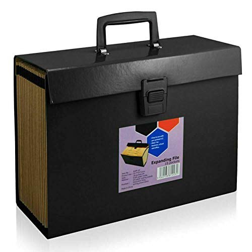 Almineez Large 18 Pocket A4 Expanding File Organiser Document Paper Folder Storage Holder with Snap Lock Clip & Carry Handle - Perfect for Home School Office Cabinet Letter Invoices (Black)
