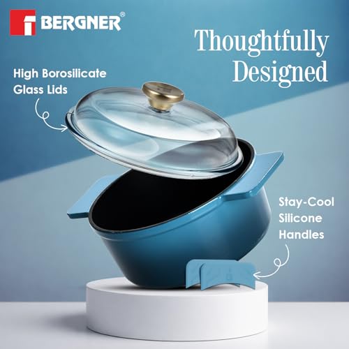 Image of Bergner Excalibur Lightweight Cast Iron Dutch Oven /Biryani Pot /Casserole with Glass Lid, 20cm (2.3L), Non-Stick Coating, PFAS Free, Elegant Design, Silicone Grips, Induction and Gas Stove Ready (Blue)