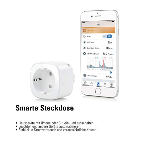 Eve Energy - Smarte Steckdose (Deutsche Markenqualit&auml;t), T&Uuml;V zertifiziert, Verbrauchsmessung, integrierte Zeitpl&auml;ne, schaltet Ger&auml;te ein & aus, Sprachsteuerung, keine Bridge n&ouml;tig, BLE (Apple HomeKit)